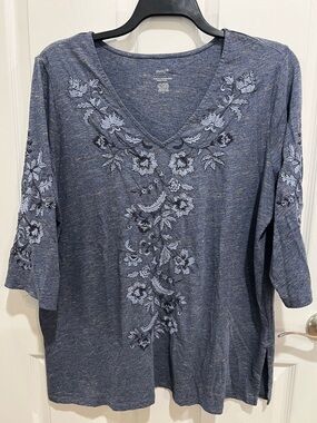Blue Embroidered V-Neck Floral Blouse